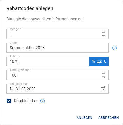 Rabattcode-Anlage-Dialog